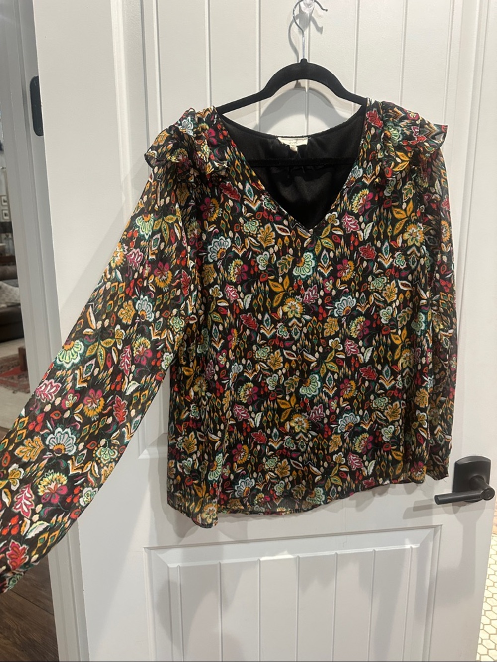 Black Floral V-Neck Ruffle-Shoulder Blouse